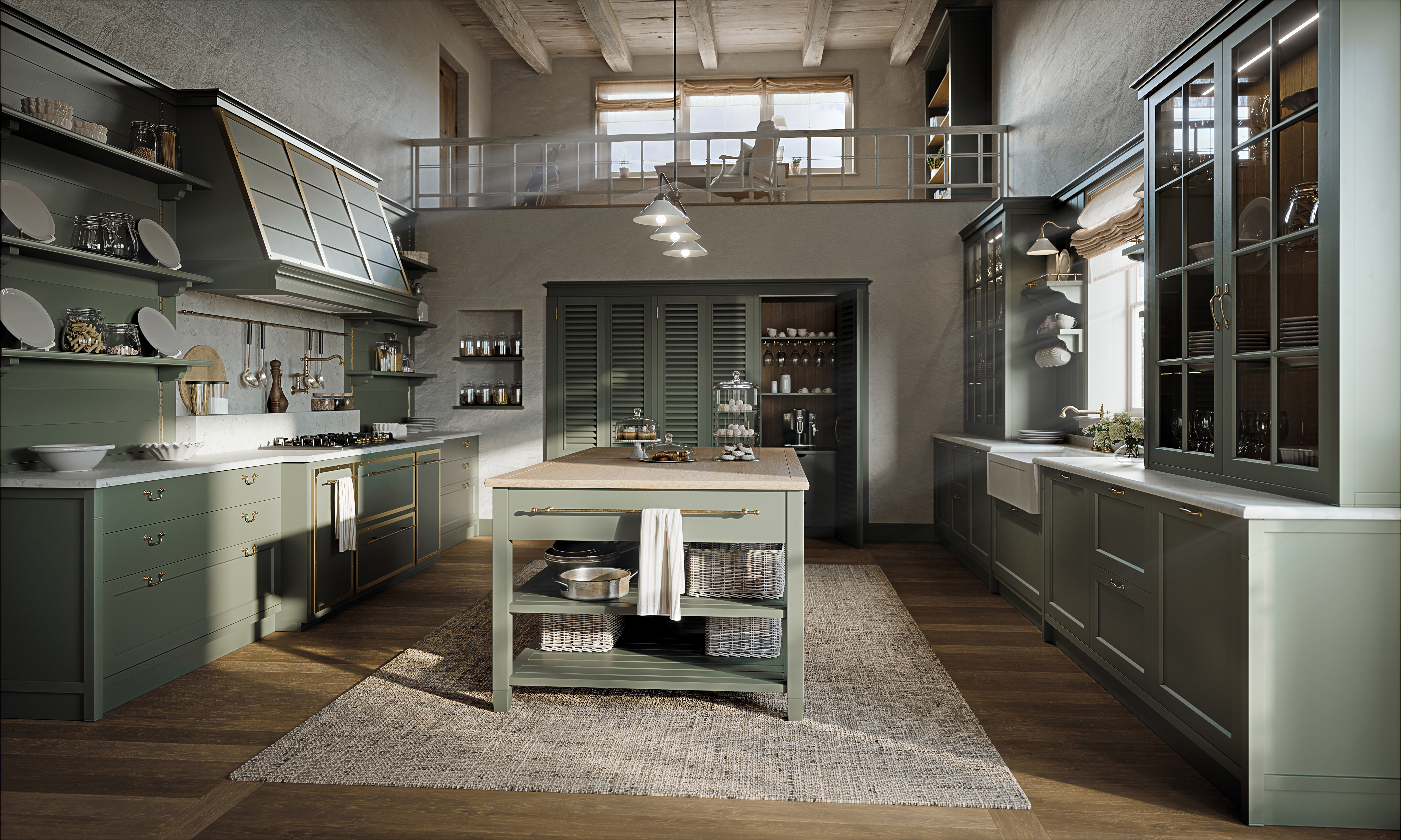LOFT Landhausküche Handmade mit Lamellen Hochschrank Zeile, Vert de Terre
